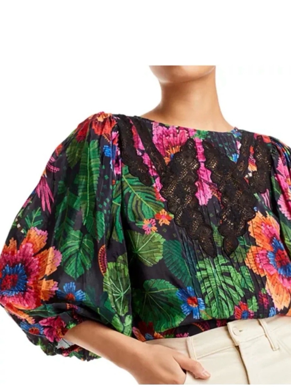 FARM Rio Blooming Garden Lace Trim Floral Blouse size L